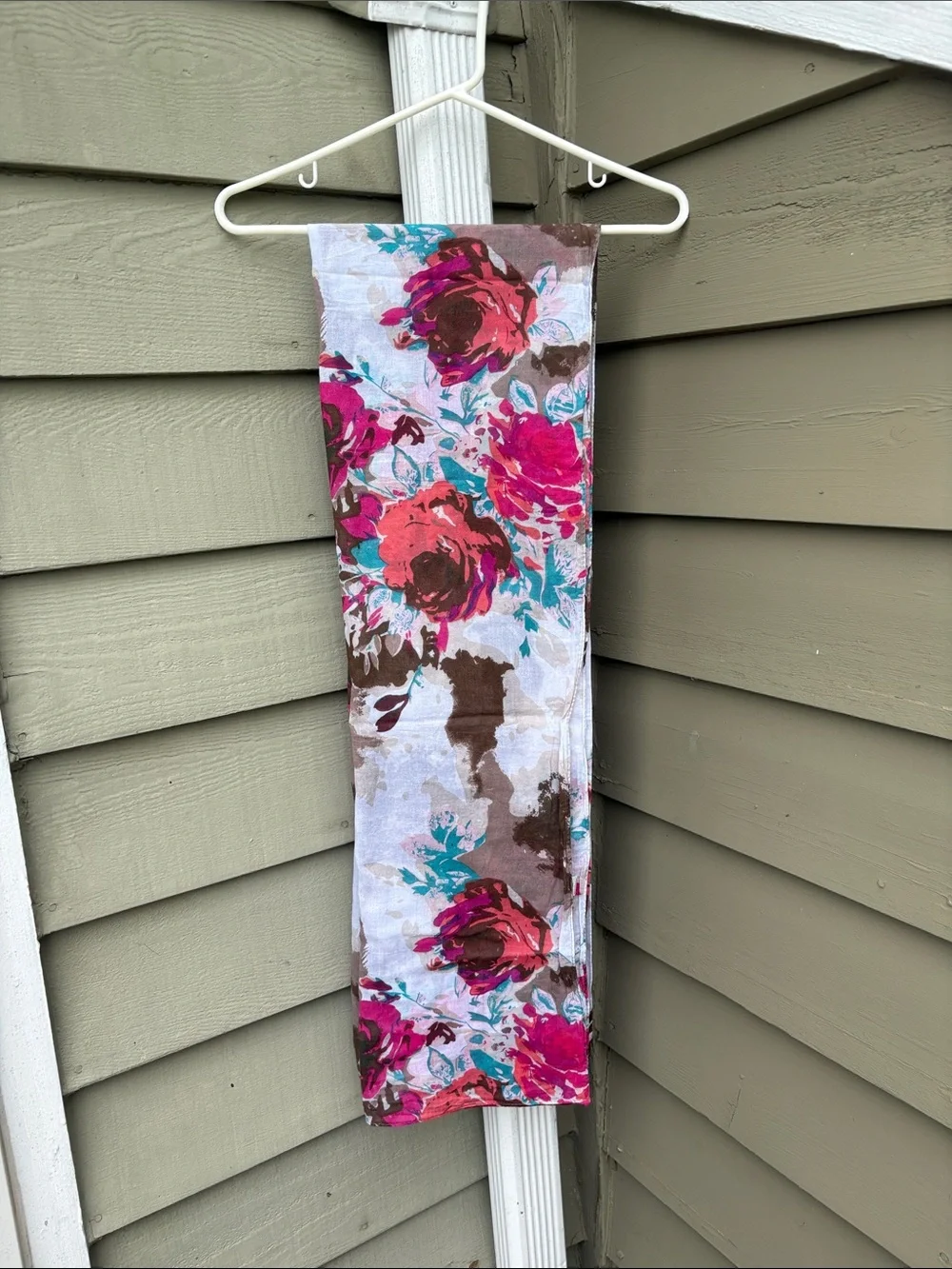 100% Cotton Floral Lightweight large Shawl/ Scarf in Brown, Pink & Teal